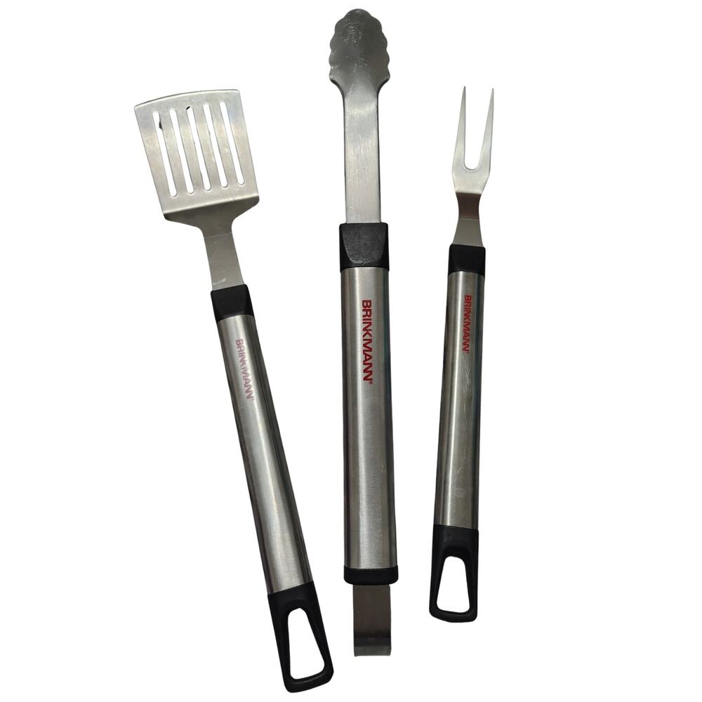3 Piece Brinkmann BBQ Utensil Set Spatula Tongs Fork Gently Used Grilling Tools